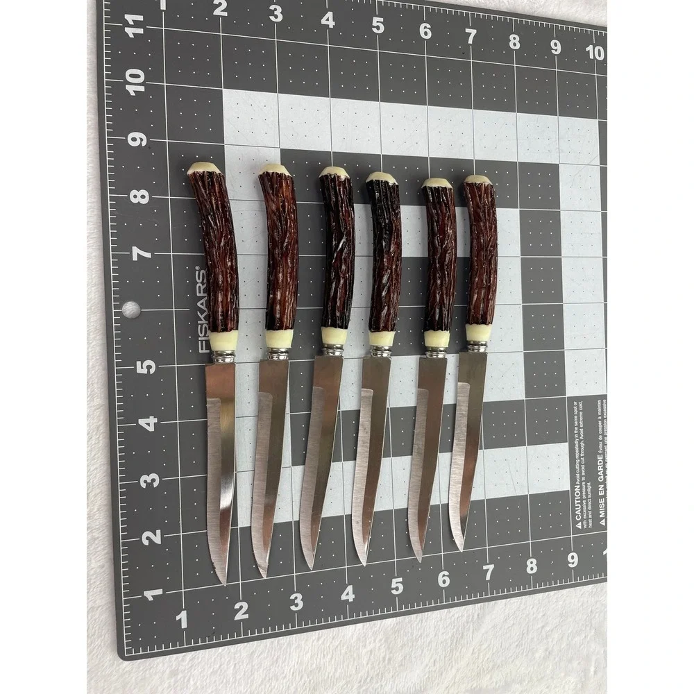 Vintage Set of 6 Faux Stag Handle Steak Knives Rustic Cabin Style Stainless